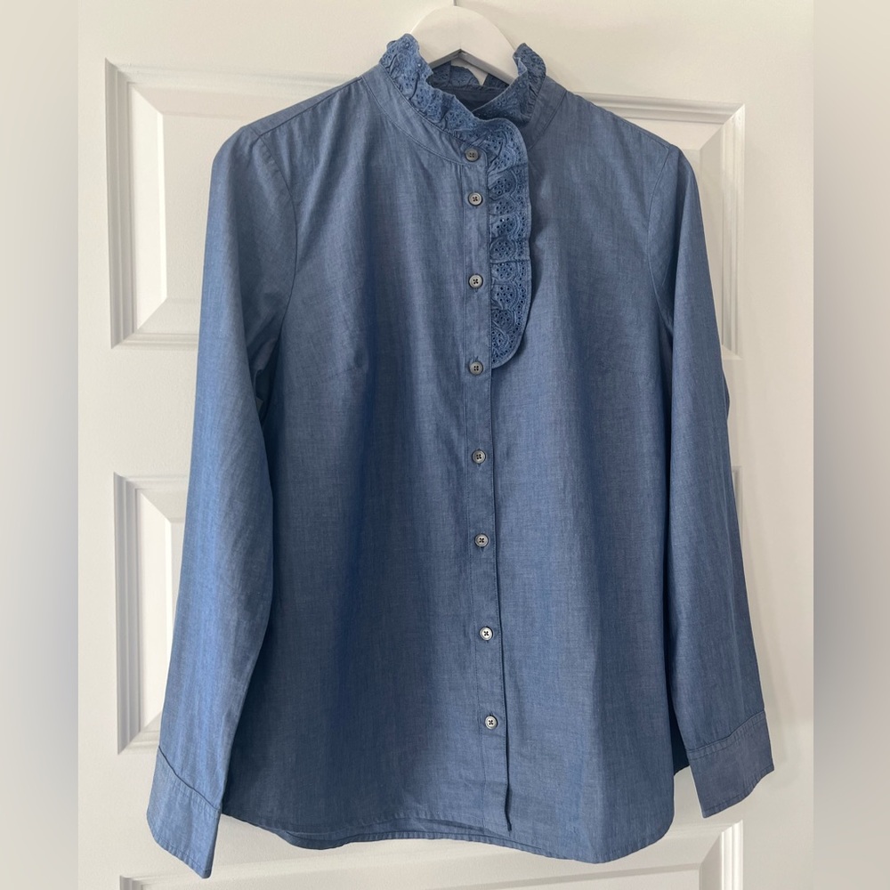 J. Crew Blue Ruffle Button-Down Shirt